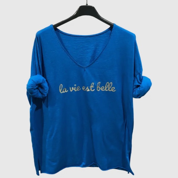 MADE IN ITALY LA VIE EST BELLE Blue V-Neck Top with Gold Lorex - Picture 1 of 1